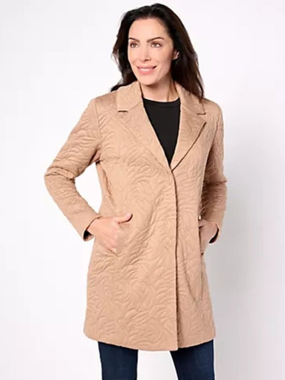 Susan Graver Quilted Knit Notch Collar Lined Jacket Taupe XLP, 1XP, 2XP